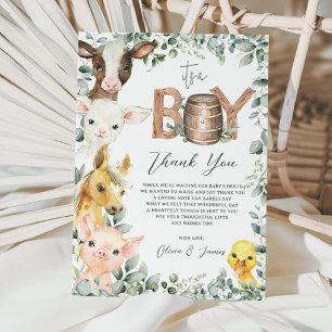 Rustic Greenery Farm Barnyard Animals It's a Boy Thank You Card