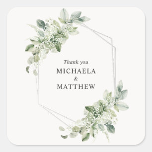 Rustic Greenery Faux Silver Foil Wedding Favour Square Sticker