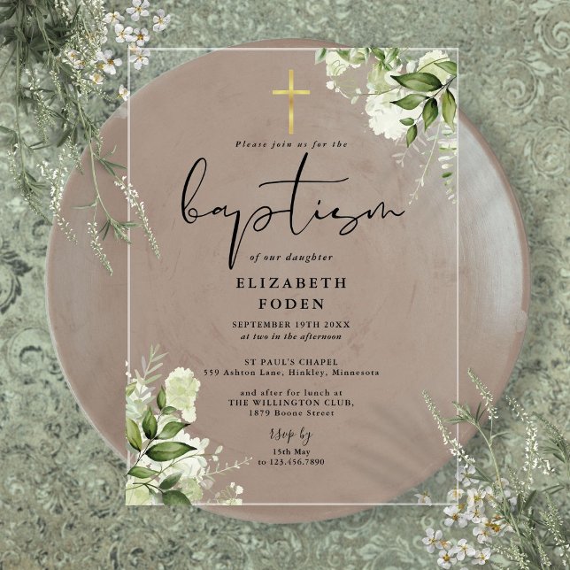 Rustic Greenery Floral Elegant Modern Baptism Acrylic Invitations (Rustic Greenery Floral Elegant Modern Baptism Acrylic Invitations)