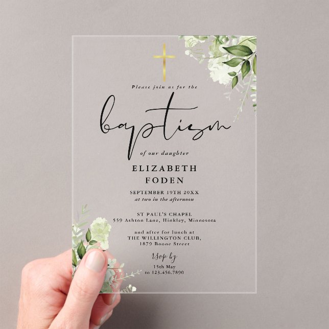 Rustic Greenery Floral Elegant Modern Baptism Acrylic Invitations (Insitu (Handheld))