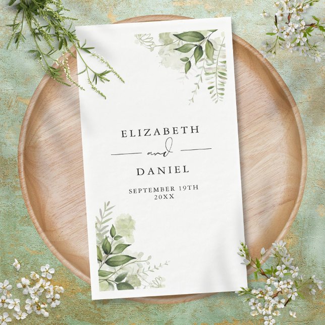 Rustic Greenery Floral Elegant Names Date Napkin (Rustic Greenery Floral Elegant Names Date Paper Guest Towels)
