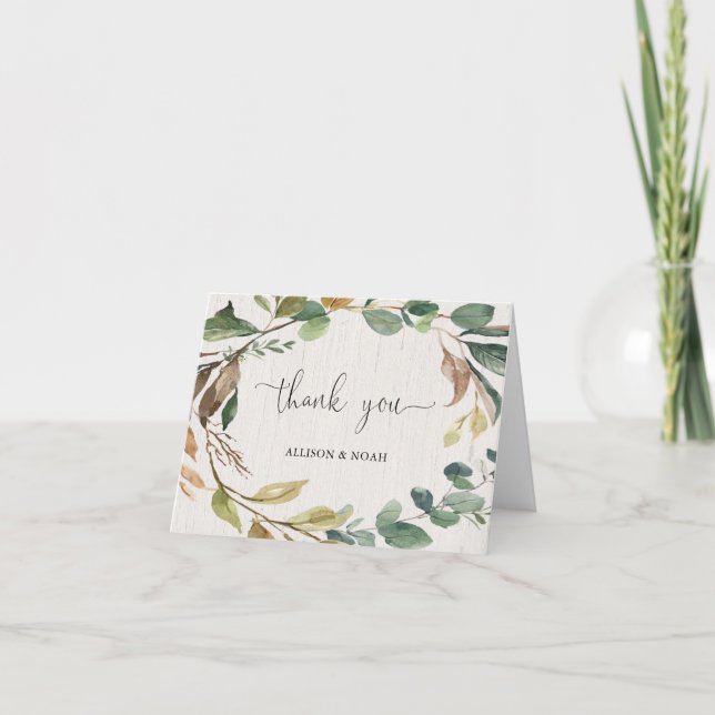 Rustic greenery foliage botanical wreath wedding thank you card (Front)