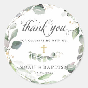 Rustic Greenery Foliage Gold Baptism Thank You Classic Round Sticker