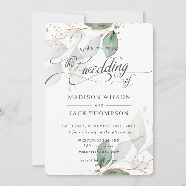Rustic Greenery Foliage Gold Calligraphy Wedding Invitation (Front)