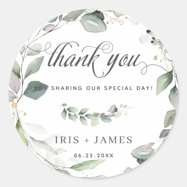 Rustic Greenery Foliage Gold Wedding Thank You Classic Round Sticker (Front)