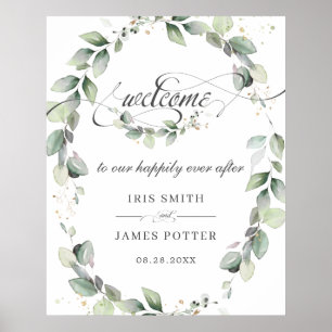 Rustic Greenery Foliage Gold Wedding Welcome Sign