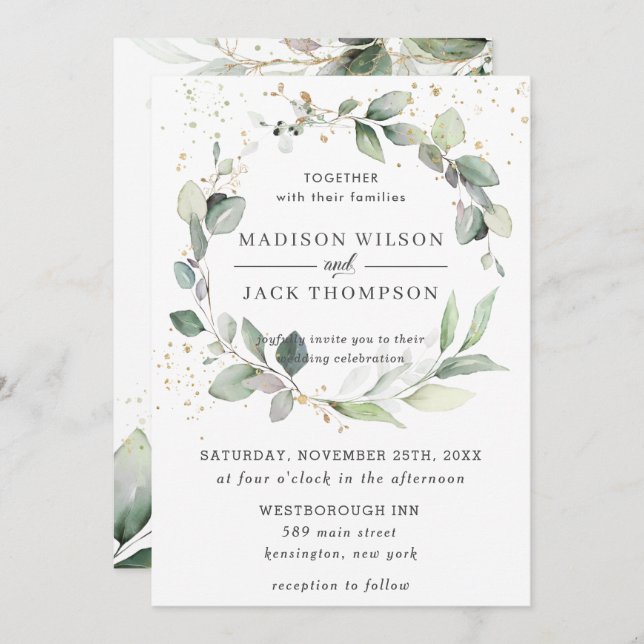 Rustic Greenery Foliage Leafy Wreath Gold Wedding Invitation (Front/Back)
