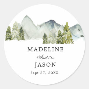 Rustic Greenery Forest Mountains Script Wedding Classic Round Sticker