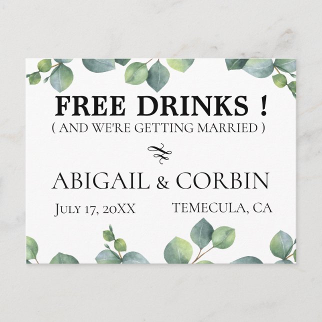Rustic Greenery FREE DRINKS Save the Date Announcement Postcard (Front)
