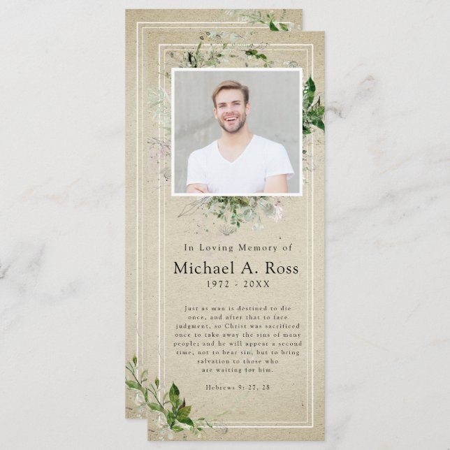 Rustic Greenery | Funeral Photo Memorial Prayer Invitation (Front/Back)
