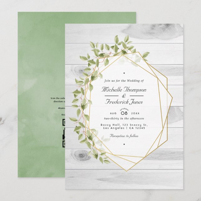 Rustic Greenery Geometric QR Code RSVP Wedding Invitation (Front/Back)