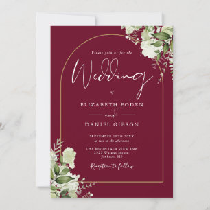 Rustic Greenery Gold Arch Photo Burgundy Wedding Invitation