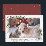 Rustic Greenery Gold Dry Brush Effect New Year Holiday Card<br><div class="desc">This neutral boho style design features minimal winter greenery, with dry brush effect photo holder and text in trending boho palette colours. Add an optional message on the back or change the backer design (3 options available). QUICK TIP: To change the colour of the background/pattern/text to match with your photo...</div>