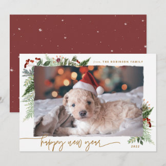 Rustic Greenery Gold Dry Brush Effect New Year Holiday Card