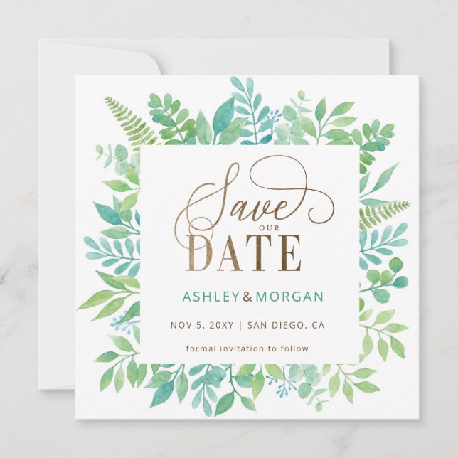 Rustic Greenery Gold Floral Photo Save the Date Announcement (Front)