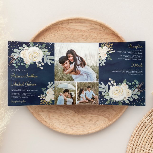 Rustic Greenery Gold Ivory Floral Navy Wedding Tri-Fold Invitation (Creator Uploaded)
