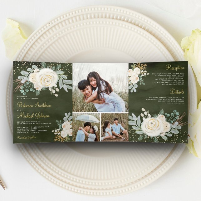 Rustic Greenery Gold Ivory Floral Sage Wedding Tri-Fold Invitation (Creator Uploaded)