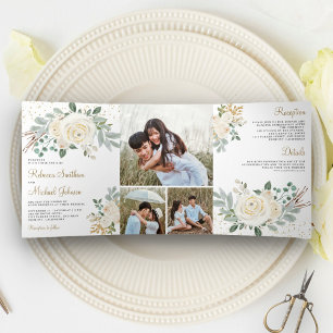 Rustic Greenery Gold Ivory Floral Wedding Tri-Fold Invitation
