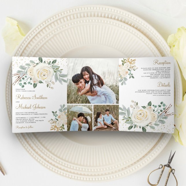 Rustic Greenery Gold Ivory Floral Wedding Tri-Fold Invitation (Creator Uploaded)