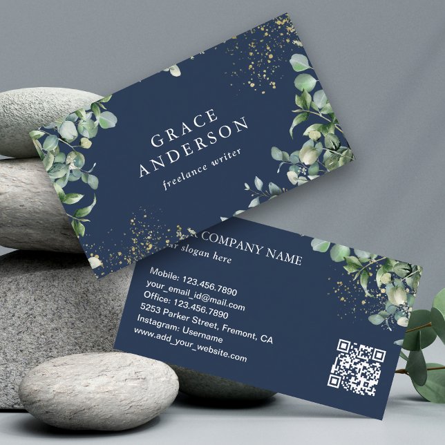 Rustic Greenery Gold Navy Blue Eucalyptus QR Code Business Card (Creator Uploaded)