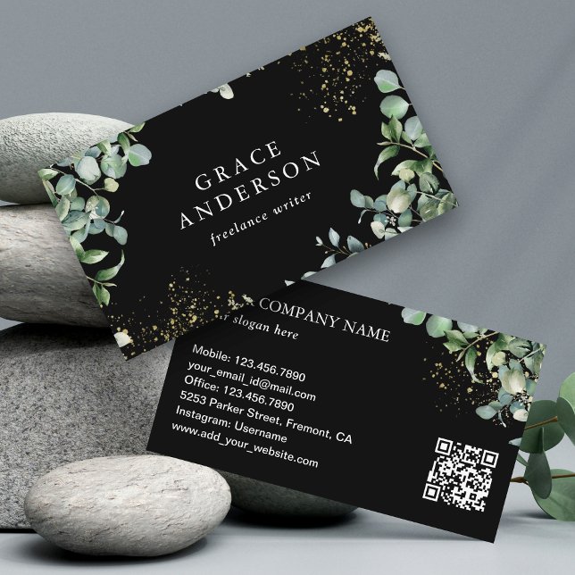 Rustic Greenery Gold Navy Blue Eucalyptus QR Code Business Card (Creator Uploaded)