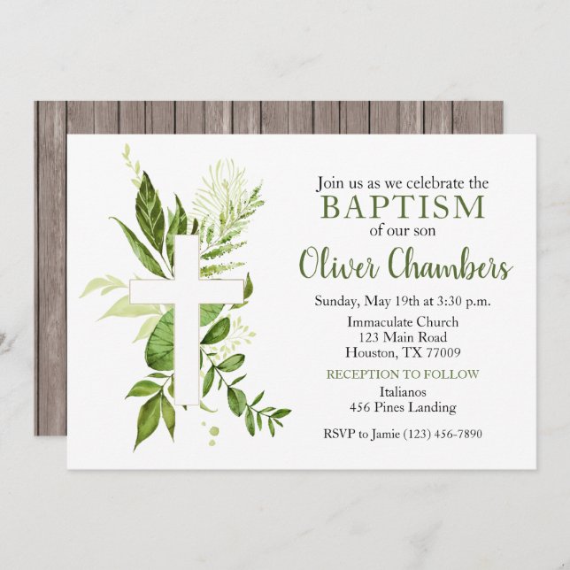 Rustic Greenery Green Cross Boy Baptism Invitation (Front/Back)