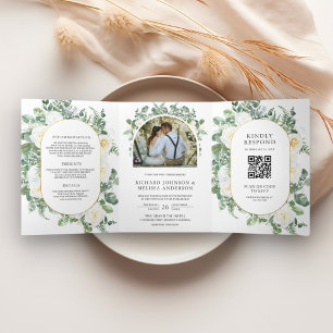 Rustic Greenery Ivory Floral Photo QR Code Wedding Tri-Fold Invitation