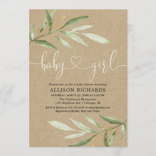 Rustic greenery kraft green leaf girl baby shower invitation