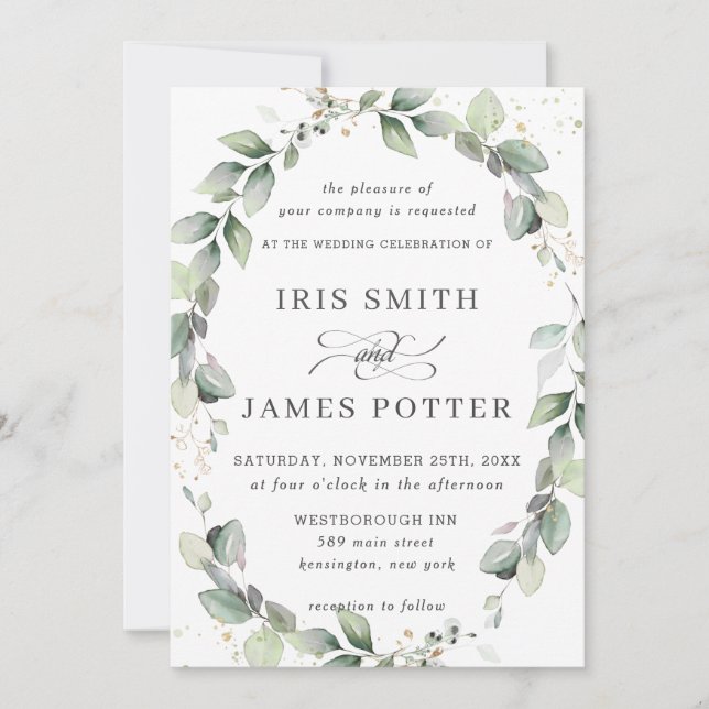 Rustic Greenery Leafy Foliage Wreath Gold Wedding Invitation (Front)