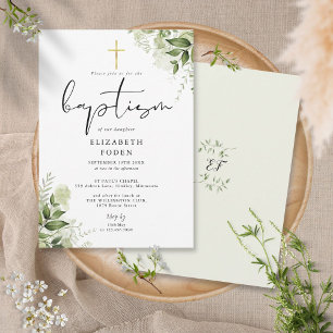 Rustic Greenery Leaves Elegant Monogram Baptism Invitation