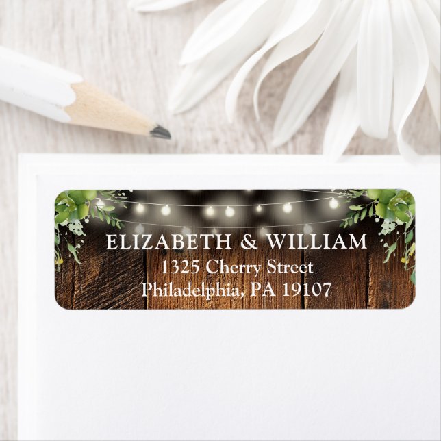 Rustic Greenery Lights Wedding Return Address (Insitu)