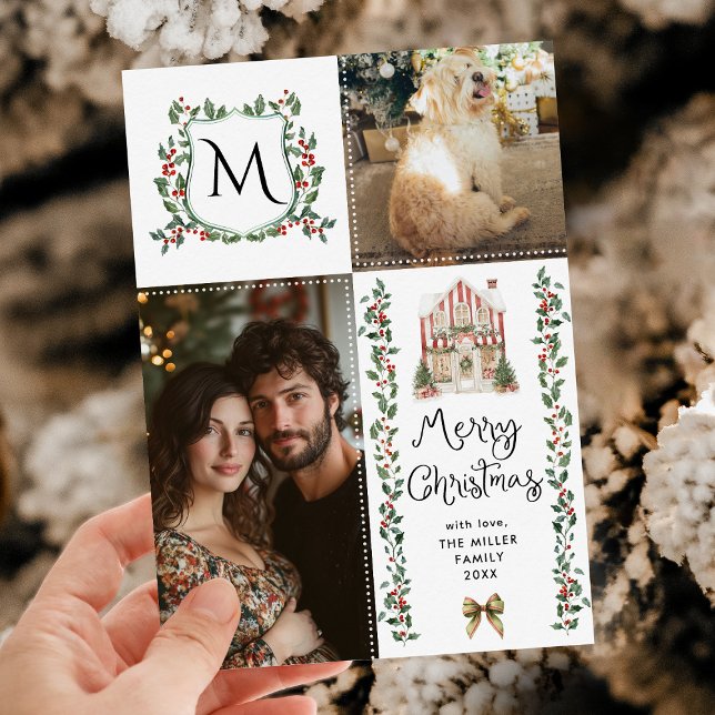 Rustic Greenery Monogram Bow Merry Christmas Photo Holiday Card (Creator Uploaded)