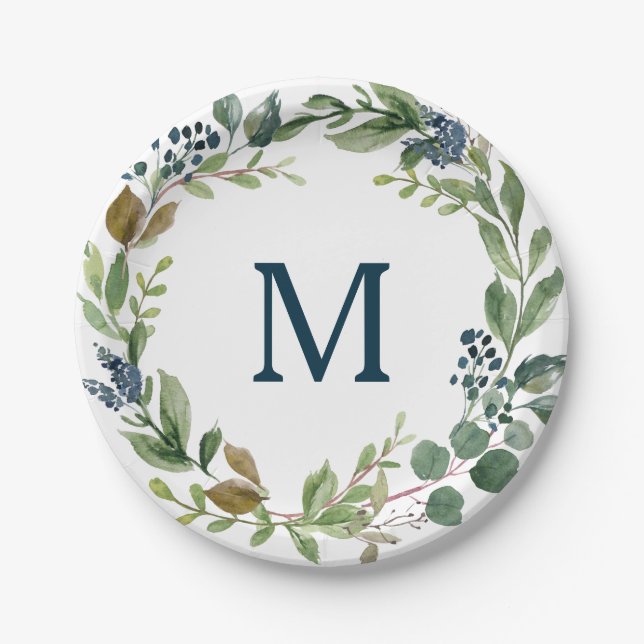 Rustic Greenery Monogram Bridal Shower Paper Plate (Front)