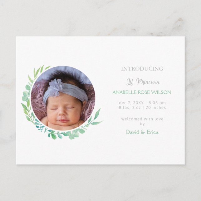 Rustic Greenery New Baby Photo Birth Announcement Postcard (Front)