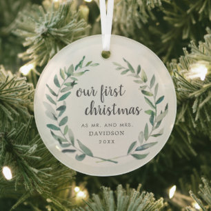 Rustic Greenery Newlywed Our First Christmas Glass Tree Decoration