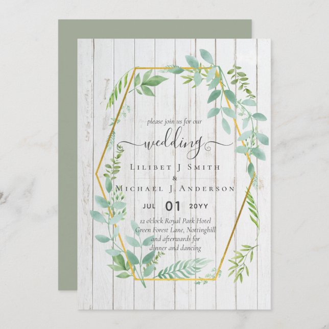 Rustic Greenery on Driftwood Budget Wedding Invitation (Front/Back)