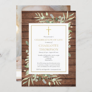 Rustic Greenery Photo Celebration of Life Funeral Invitation