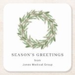 Rustic Greenery Pine Wreath Business Holiday Square Paper Coaster<br><div class="desc">Simple holiday paper coaster featuring a rustic watercolor painted pine greenery wreath. Below is "Season's Greetings" along with your business name. These custom coasters are perfect for adding a personal touch to your corporate Christmas party. Coordinating items available in the complete collection. If you need assistance finding the collection, feel...</div>