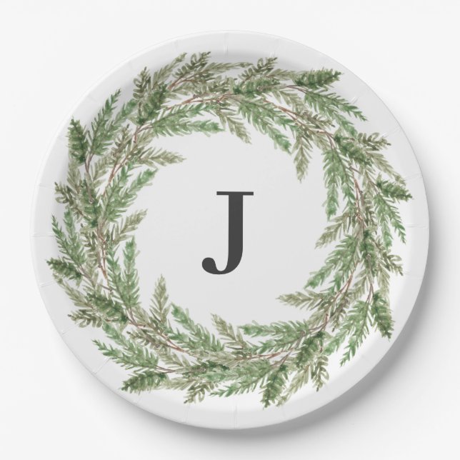 Rustic Greenery Pine Wreath Monogram Holiday Paper Plate (Front)
