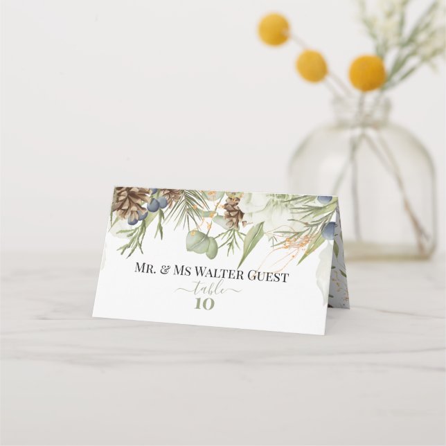 Rustic Greenery & Pinecones Guest Table Numbers Place Card (Front)
