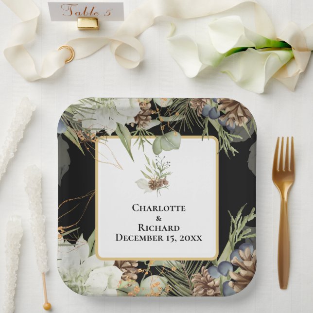 Rustic Greenery & Pinecones on Black Paper Plate (Wedding)