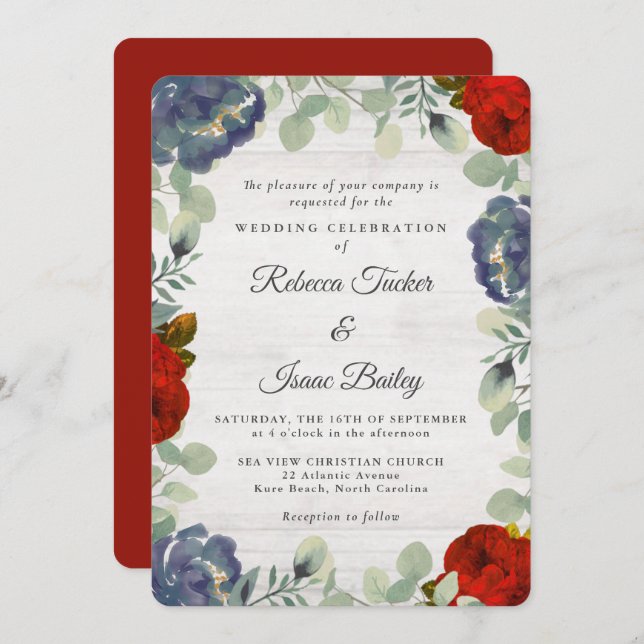 Rustic Greenery Red & Blue Floral Wedding Invitation (Front/Back)