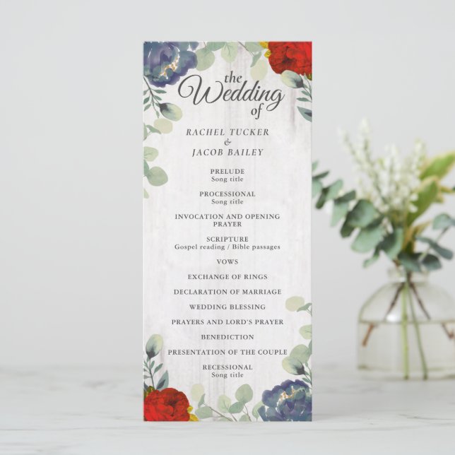 Rustic Greenery Red Blue Floral Wedding Program Programme (Standing Front)