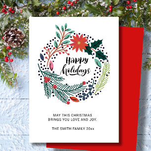 Rustic Greenery Red Poinsettia Floral Wreath Chic Holiday Card
