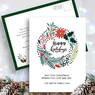 Rustic Greenery Red Poinsettia Floral Wreath Chic Postcard