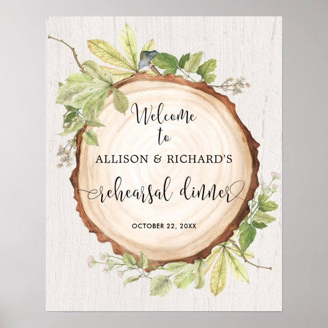 Rustic greenery rehearsal dinner welcome sign (Front)