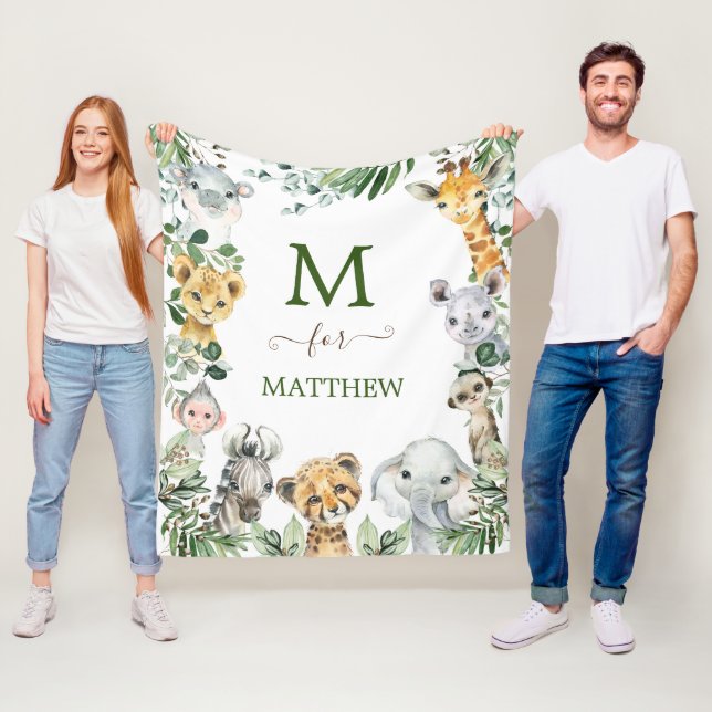 Rustic Greenery Safari Wild Animals Baby Boy Fleece Blanket (In Situ)