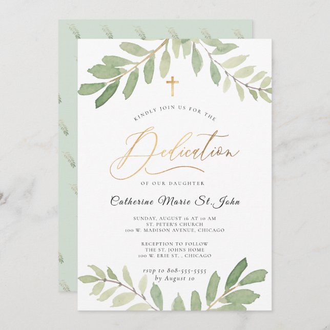 Rustic Greenery Sage Green Faux Gold Dedication Invitation (Front/Back)