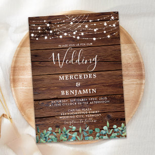 Rustic Greenery String Lights Country Wood Wedding Invitation