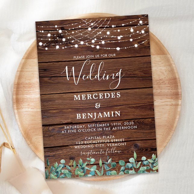 Rustic Greenery String Lights Country Wood Wedding Invitation (Creator Uploaded)